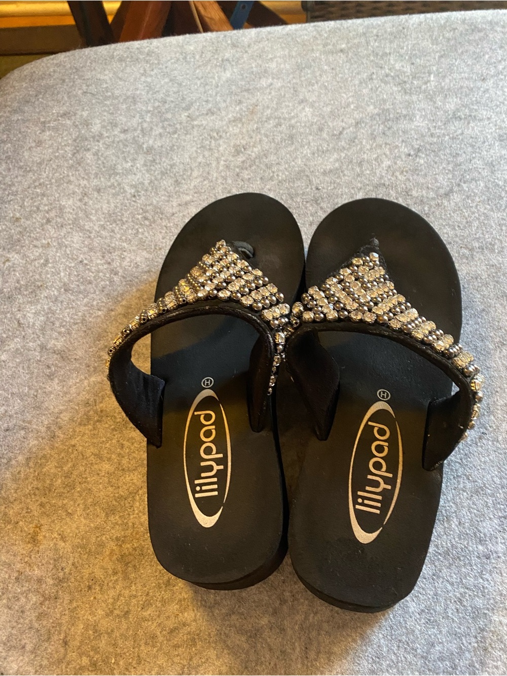 Lilypad Jeweled Black Strap Wedge Flip Flop Sandals,